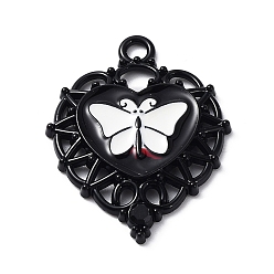 Electrophoresis Black Pendentifs en émail , avec strass, coeur avec breloque papillon, électrophorèse noir, 33.5x26x3mm, Trou: 2.8mm