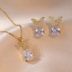 Кристалл Бабочка и слеза 304 серьги-гвоздики из нержавеющей стали со стразами и ожерелья с подвесками для женщин, кристалл, Ожерелья: 450 mm