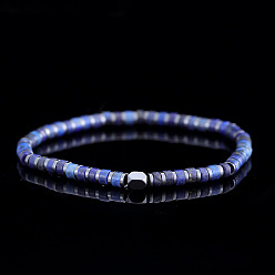 Синий Мужские эластичные браслеты из окрашенной натуральной императорской яшмы и синтетических немагнитных гематитовых бусин., плоско-круглые, синие, регулируемый