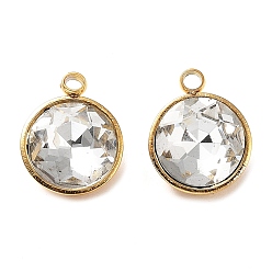 Clear Golden 304 Stainless Steel Charms, with Glass Findings, Faceted Flat Round, Clear, 11.5x9.5x5mm, Hole: 1.4mm