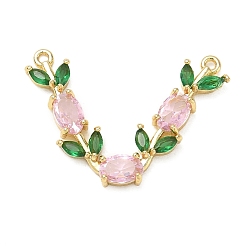 Pink Brass Micro Pave Cubic Zirconia Connector Charms, with Glass, Flower Links, Golden, Pink, 20x26x3mm, Hole: 1.2mm