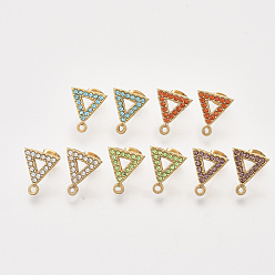 Mixed Color 304 Stainless Steel Stud Earring Findings, with Rhinestone, Loop and Ear Nuts/Earring Backs, Triangle, Golden, Mixed Color, 15x13.5x2mm, Hole: 1.5mm, Pin: 0.8mm