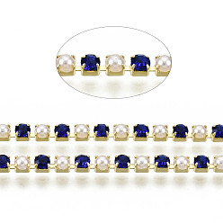 Sapphire Brass Rhinestone Strass Chains, with ABS Plastic Imitation Pearl, Rhinestone Cup Chain, Grade A, Raw(Unplated), Sapphire, 2x2mm, 4000pcs rhinestone/bundle, about 32.8 Feet(10m)/bundle