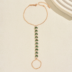Golden Elegant Brass Pave Clear and Green Cubic Zirconia Geometirc Slave Bracelets, Ring Connected Hand Harness Bracelets for Women, Golden, 7.09 inch(18cm)