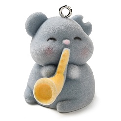 Медведь Милые подвески из флокированной смолы, подвески в виде животных с платиновыми железными петлями и музыкальными инструментами, медведь, 36.5x29x35 мм, отверстие : 2.8 мм