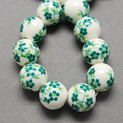 Sea Green Handmade Printed Porcelain Beads, Round, Sea Green, 6mm, Hole: 2mm