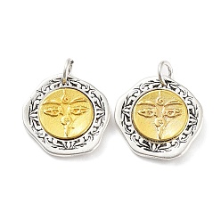 Antique Silver & Golden Brass Pendants, with Jump Ring, Flat Round Charm, Antique Silver & Golden, 19x19x3mm, Hole: 4mm