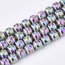 Farbig Galvanisieren Glasperlen, Runde mit Blumenmuster, Farbig, 10x9.5 mm, Bohrung: 1.2 mm, ca. 30 Stk. / Strang, 11.2 Zoll