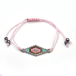 Pink Verstellbare Glasperlen aus geflochtenen Perlenperlen, mit Nylonfaden und nichtmagnetischen synthetischen Hämatitperlen, Karo, rosa, 8-5/8 Zoll (22 cm)