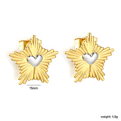 Golden & Stainless Steel Color 304 Stainless Steel Stud Earrings for Women, Star & Heart, Golden & Stainless Steel Color, 15mm