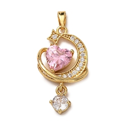 Pink Латунные микро проложить кубического циркония подвески, обереги луны и сердца, золотые, розовые, 29x16x4.5 мм, отверстие : 5x2 мм