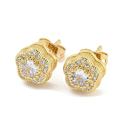 Real 18K Gold Plated Brass Micro Pave Cubic Zirconia Ear Studs, Flower, Real 18K Gold Plated, 9mm