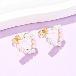 Морская Ракушка Латунные серьги-гвоздики в форме сердца, с ABS имитации жемчуга, реальный 16 k позолоченный, цвет морской раковины, 14x14.5 мм