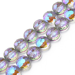 Violet Electroplate Transparent Glass Beads Strands, Faceted, Flat Round, Violet, 10x6mm, Hole: 0.9mm, about 70pcs/strand, 27.95 inch(71cm)