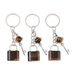 Тигровый глаз Брелки с подвеской из натурального тигрового глаза, Замок и ключ, с разъемным кольцом для ключей из латуни и железа, стойки покрытие, долговечный, платина, 80 мм