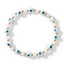 Белый Браслеты из стеклянных и латунных бусин, бусины от сглаза ювелирные изделия для мужчин и женщин, белые, внутренний диаметр: 6-1/2 дюйм (16.5 см) ~ 6-3/4 дюйм (17 см)