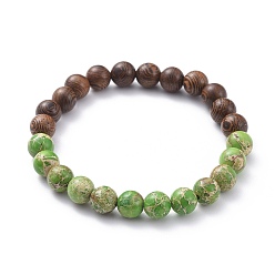 Imperial Jasper Stretch Bracelets, with Natural Regalite/Imperial Jasper/Sea Sediment Jasper(Dyed) Beads and Wood Beads, Round, 2-1/4 inch(5.7cm)