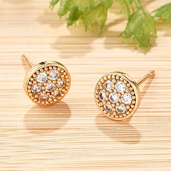 Плоский Круглый Женские серьги-гвоздики из латуни с микропаве и прозрачным кубическим цирконием, без кадмия и без свинца, долговечный, стойки покрытие, золотые, плоско-круглые, 8 мм