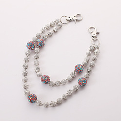 Разноцветный Двухслойные цепочки для брюк из полимерной глины с круглыми бусинами и стразами, с поворотными застежками сплава, платина, красочный, 300 мм