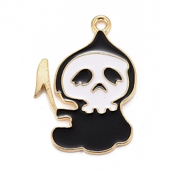 Black Halloween Alloy Enamel Pandants, Light Gold, Ghost, Black, 30x21x1.5mm, Hole: 1.8mm