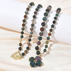 Ágata India Collares redondos con colgante de trébol de ágata india natural para el Día de San Patricio, con cuentas y cierres de corazón., dorado, 30.51~31.69 pulgada (77.5~80.5 cm)