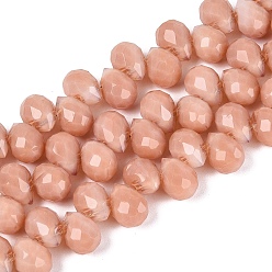 Dark Salmon Opaque Glass Beads Strands, Teardrop, Faceted, Dark Salmon, 10x8x8mm, Hole: 1~1.2mm, about 88~92pcs/strand, 20.67~22.64 inch(52.5~57.5cm)