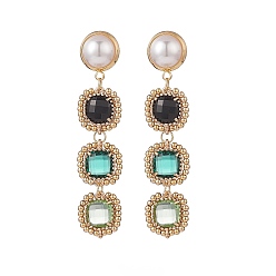 Светло-зеленый Стеклянные прямоугольные длинные серьги-гвоздики с бусинами и искусственным жемчугом, позолоченные латунные украшения богемы для женщин, светло-зеленый, 60 мм, штифты : 0.8 мм