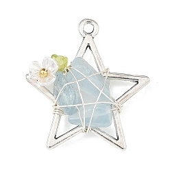 Aquamarine Natural Aquamarine Chip Copper Wire Wrapped Pendants, Alloy Star Charms with Flower, Antique Silver & Silver, 29.5x27x9~11mm, Hole: 2mm