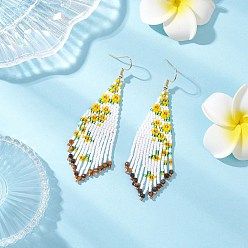 Золотой Серьги-подвески в виде подсолнухов из стеклянных бусин ручной работы, с натуральным тигровый глаз, золотые, 84x22 мм