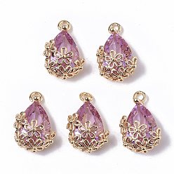 Violet Brass Pendants, with Faceted Glass, teardrop, with Flower, Real 18K Gold Plated, Nickel Free, Violet, 17x10x7mm, Hole: 1.4mm