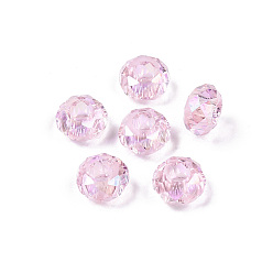 Pink Прозрачное стекло европейские шарики, бусины с большим отверстием, с покрытием AB цвета, граненые, рондель, розовые, 13~14x7.5~8 мм, отверстие : 5.5~6 мм