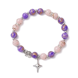 (52) Непрозрачная лаванда Круглый стеклянный бисер браслеты простирания, браслеты с подвесками из сплава крестиков и латуни, разноцветные, внутренний диаметр: 2-3/8 дюйм (6 см)