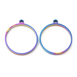 Rainbow Color 304 плоские круглые подвески с открытой задней панелью из нержавеющей стали, для diy уф смолы, эпоксидная смола, Прессованные цветочные украшения, Радуга цветов, 28x25x3 мм, отверстие : 2.2 мм, внутренний диаметр: 22.8 мм