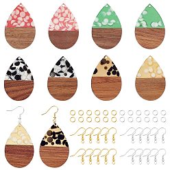 Mixed Color Earring Making Kits, Including Resin & Walnut Wood Pendants, Brass Earring Hooks, Brass Jump Rings, Teardrop, Mixed Color, 47.5~48x31.5x3mm, Hole: 2mm