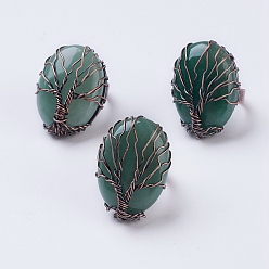 Зеленый Авантюрин Естественный зеленый авантюрин регулируемый палец кольцо, широкая полоса кольца, овальные, Красная медь, Размер 9, 19 мм