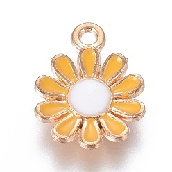 Yellow Alloy Pendants, with Enamel, Daisy, Light Gold, Orange, 15x11.5x2mm, Hole: 1.4mm