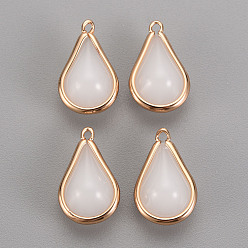 Creamy White Imitation Jade Glass Pendants, with Brass Findings, Teardrop, Light Gold, Creamy White, 19x12x8mm, Hole: 1mm