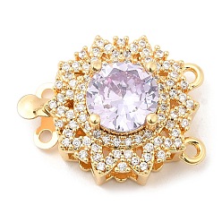 Цветок Латунные застежки из прозрачного кубического циркония с микропаве, 2 нитей, 4-луночное, со стразами из сиреневого стекла, цветок, 16.5x21.5x10 мм, отверстие : 1.4 мм