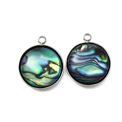 Плоский Круглый 304 подвески из натуральной ракушки пауа из нержавеющей стали, цвет нержавеющей стали, плоско-круглые, 18x15x4 мм, отверстие : 1.8 мм