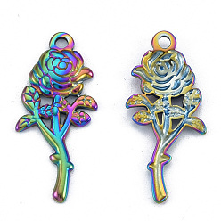Rainbow Color Ионное покрытие (ip) 201 подвески из нержавеющей стали, роза, Радуга цветов, 30x13.5x2.5 мм, отверстие : 1.6 мм