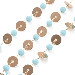 Небесно-голубой Плоские круглые цепочки из латуни и стеклянных бусин ручной работы, для ожерелья браслеты решений, долговечный, пайки, с катушкой, голубой, 4.5x3.5 мм, около 16.40 футов (5 м) / рулон