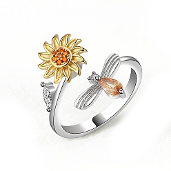 Цветок Кубический цирконий, вращающееся открытое кольцо-манжета, платиновое латунное вращающееся кольцо для снятия стресса при тревоге, цветок, 2.1 мм, размер США 8 (18.1 мм)