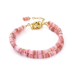 Pink Dyed Natural Shell Multi-strand Bracelets, with Brass Cable Chains and Spring Ring Clasps, Golden, Pink, 8-1/4 inch(21cm)