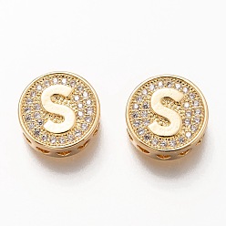 Letter S Позолоченные многожильные звенья из латуни с микропейвом и кубическим цирконием, плоские круглые с буквы, letter.s, 12x4.5 мм, отверстие : 2 мм