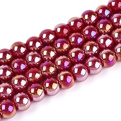 Темно-Красный Гальванические непрозрачные стеклянные бусины, круглые, с покрытием AB цвета, темно-красный, 6~6.5 мм, отверстие : 0.9 мм, около 67~70 шт / нитка, 14.57~15.16 дюйм (37~37.5 см)