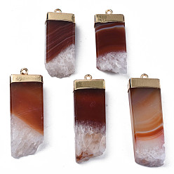 Sienna Natural Agate Pendants, Dyed, with Golden Brass Findings, Rack Plating, Nuggets, Sienna, 40~50x14.5~17x7.5~8.5mm, Hole: 1.8mm