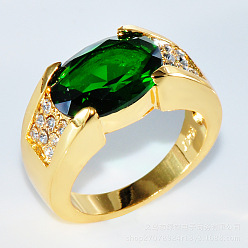 Зеленый Кольца из латуни с кубическим цирконием, золотые, овальные, зелёные, 10 мм, размер США 10 (19.8 мм)