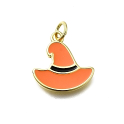 Оранжевый Латунь эмаль подвески, с целью перехода в кольце, очарование шляпы ведьмы, долговечный, без свинца и без кадмия, реальный 18 k позолоченный, стойки покрытие, оранжевые, 15.5x15x2 мм, отверстие : 3 мм