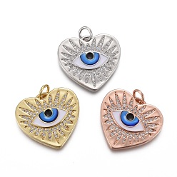 Mixed Color Brass Micro Pave Clear Cubic Zirconia Pendants, with Colorful Enamel and Jump Rings, Long-Lasting Plated, Heart with Horse Eye, Mixed Color, 19x21x2mm, Hole: 3mm