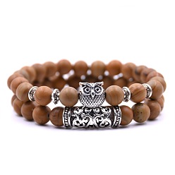Wood Lace Stone Natural Wood Lace Stone Stretch Bracelets Set with Alloy Owl Beaded, Gemstone Jewelry for Womens, 7-1/2 inch(19cm), 1Pc/style